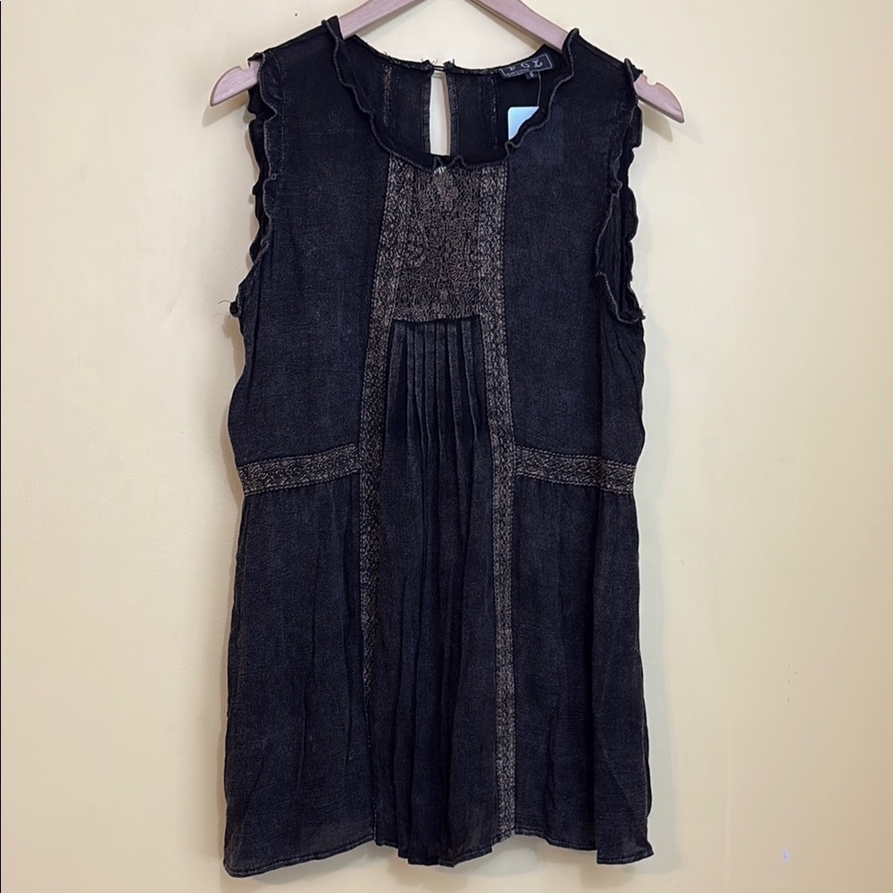 POL | NWT Black Sleeveless Ruffle Semi Sheer Boho Pleated Tunic Dress Top S